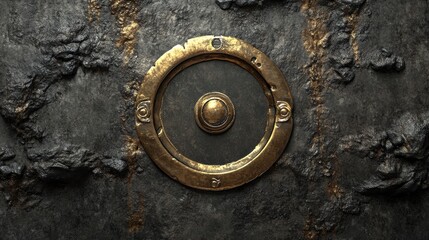 Close-up of an ancient bronze and gold circular emblem embedded in a dark stone surface.