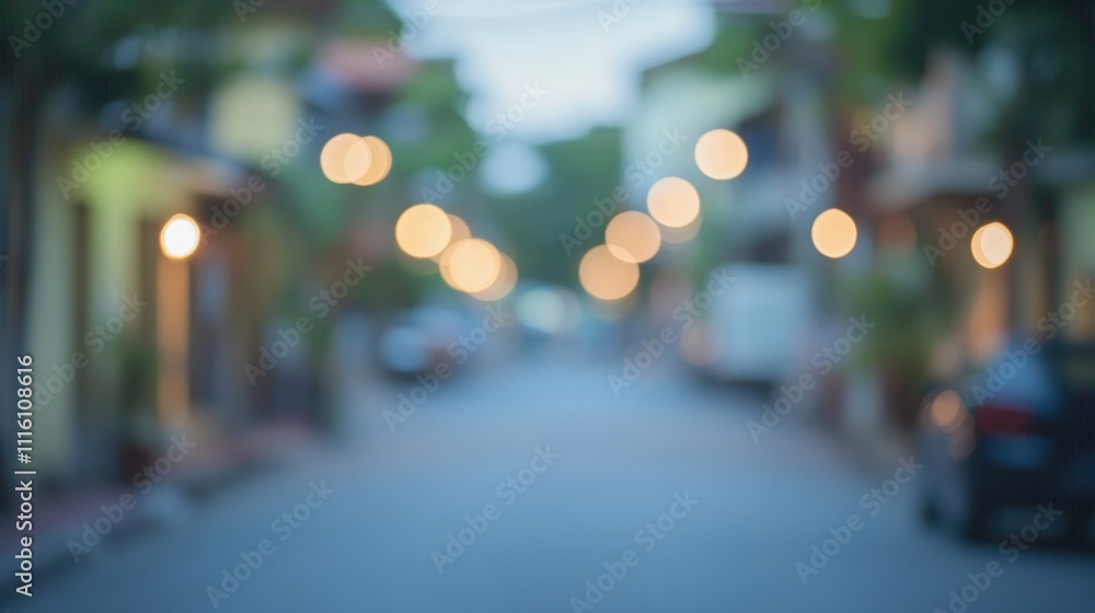 Aufkleber Blurred Background of Residential Street with Bokeh Lights Creating a Soft Aesthetic for Use in Design or Marketing Projects