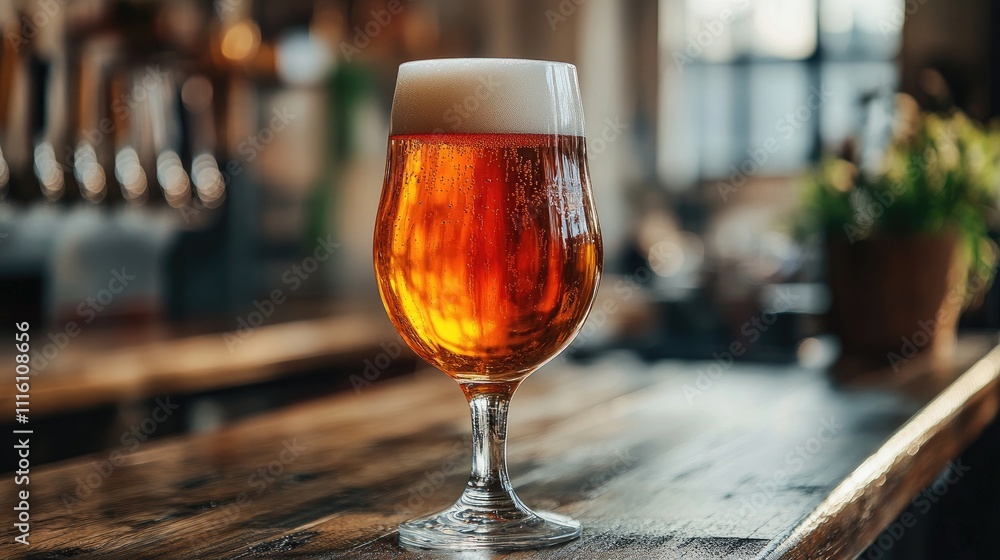 Poster close-up of a refreshing glass of beer with a frothy top placed on a rustic wooden bar in a warm, in