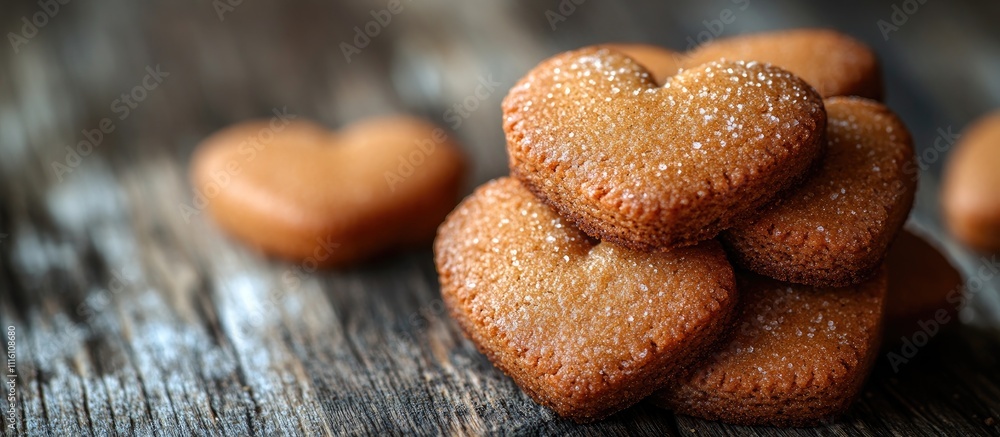 Poster aromatic heart-shaped ginger cookies stacked on a rustic wooden surface perfect for gifting and them