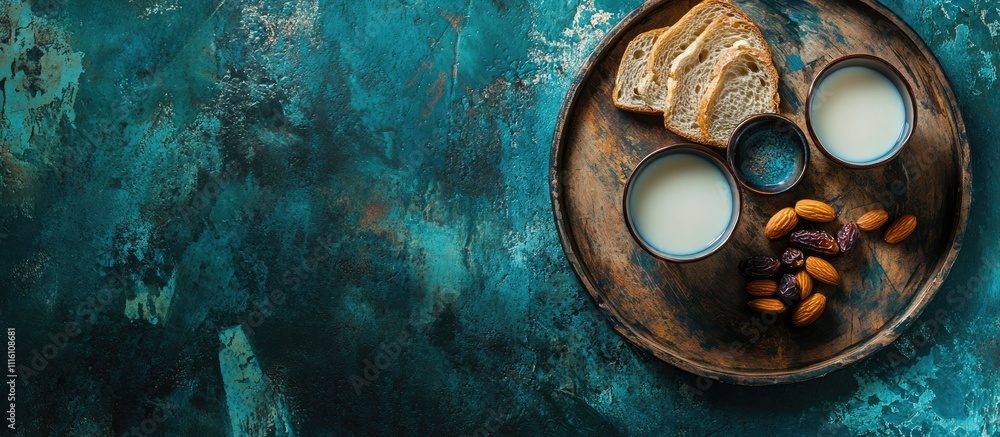 Poster milk and homemade cheese with nuts bread and dates on a rustic wooden tray against a textured blue b