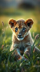 Fototapeta premium Cute lion cub resting in tall grass during golden hour in a natural habitat setting