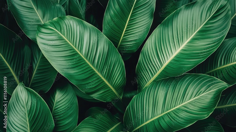 Poster lush green tropical leaves with vibrant textures and natural patterns creating a serene jungle backd
