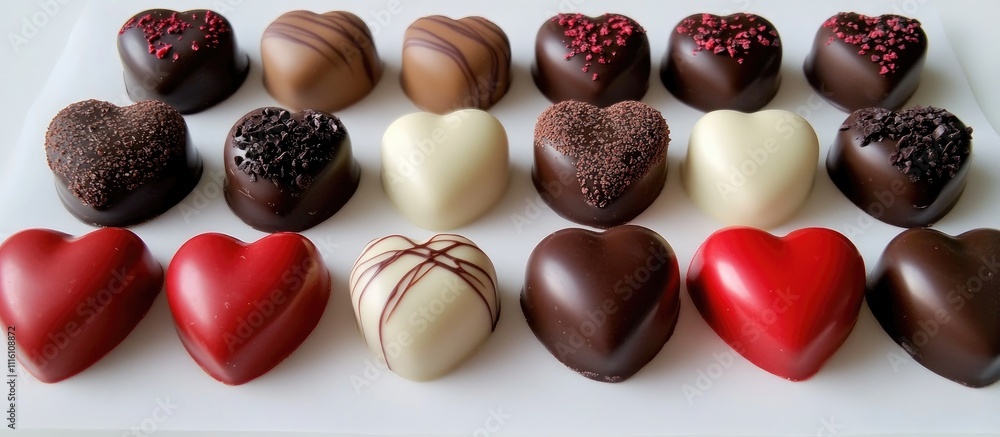 Poster assorted heart-shaped chocolates displayed elegantly on a white background for valentine's day or ro