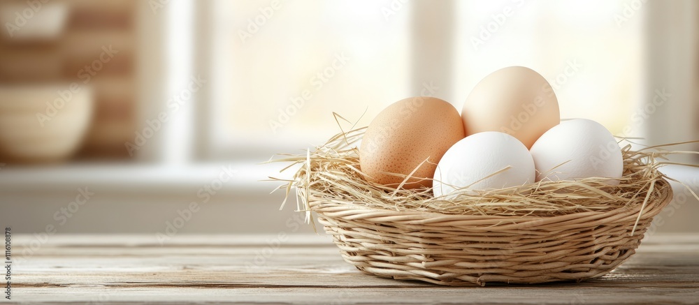 Poster aesthetic collection of chicken eggs in a rustic basket with straw on a kitchen table providing spac