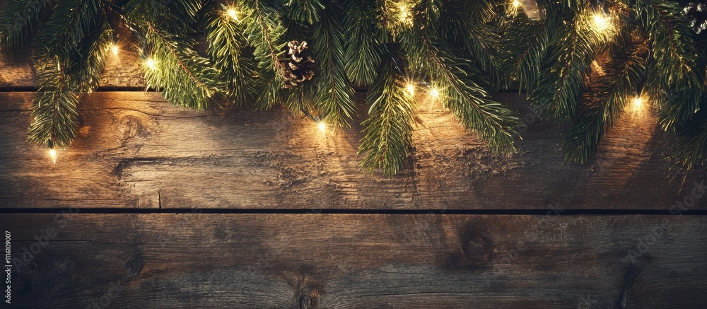 Poster elegant christmas lights draped over a rustic wooden backdrop creating a warm festive atmosphere for