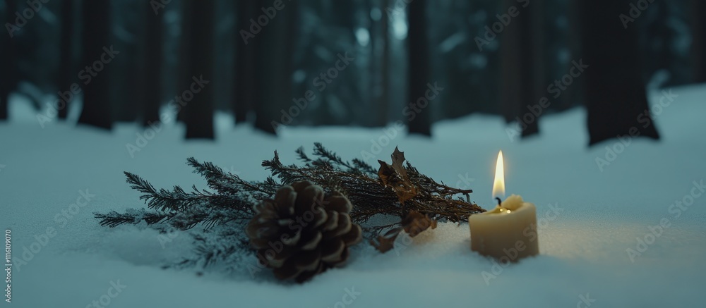 Poster winter forest scene with lit candle pine cone and dried flowers on snow creating a serene festive at
