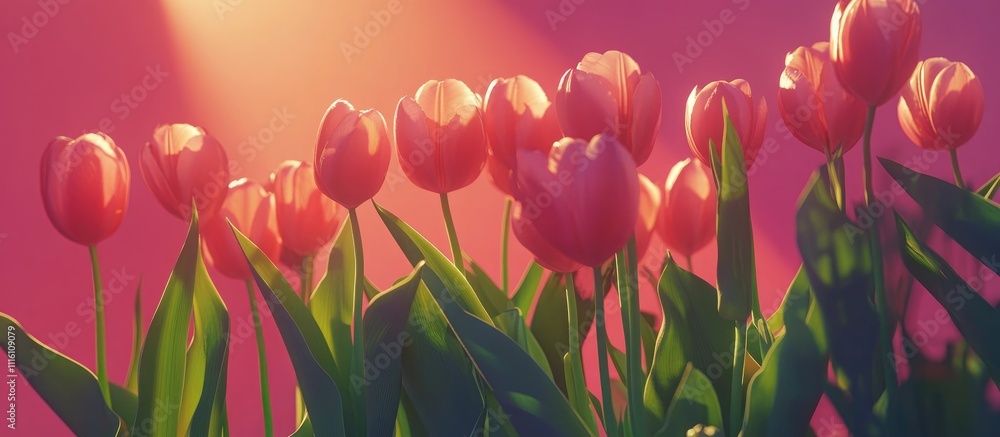 Aufkleber Pink tulip bouquet with warm pink background illuminated by sunlight creating a serene floral flatlay with space for text overlay