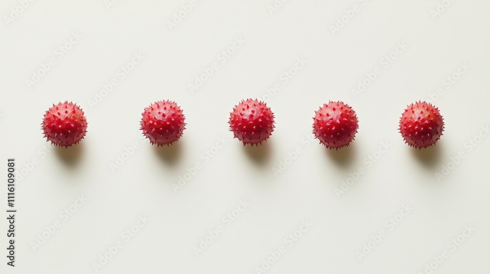 Aufkleber Red rambutan fruit neatly arranged in a line on a light background showcasing their vibrant color and unique textured appearance.