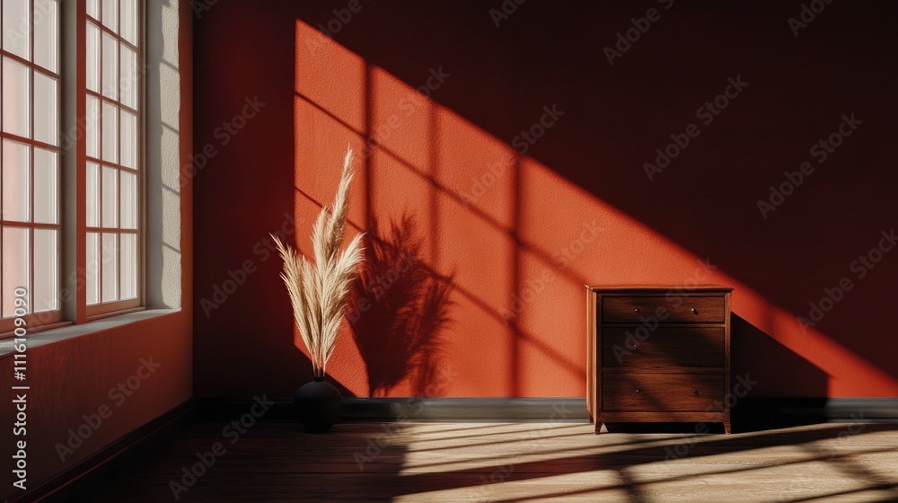 Poster elegant commode by window with sunlight casting shadows on vibrant red wall in stylish interior sett