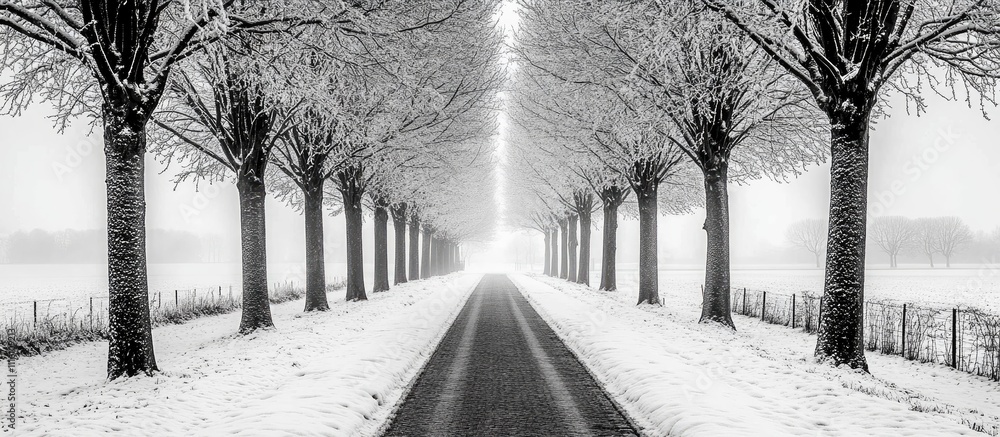 Poster serene winter pathway lined with snow-covered trees creating a tranquil ambiance in a monochrome lan