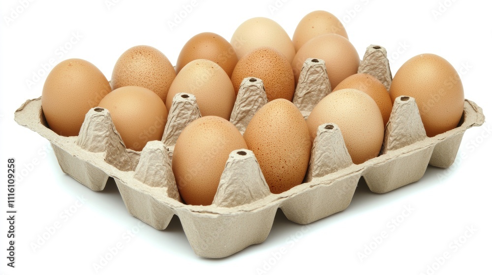 Poster brown chicken eggs in a paper tray arranged on a white background captured in close-up for culinary 