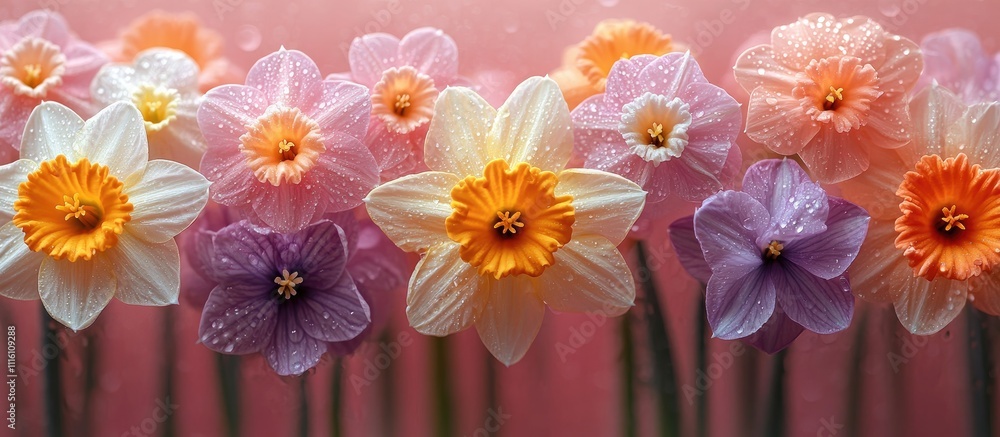 Poster floral backdrop featuring colorful daffodil and hyacinth flowers with water droplets on glass creati