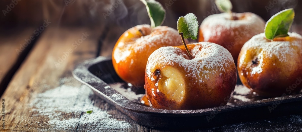 Poster baked apples dusted with powdered sugar on an iron tray with a rustic wooden backdrop showcasing a w