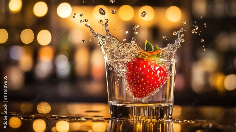 Poster strawberry creating a dynamic splash in a glass of water with blurred lights in the background for a