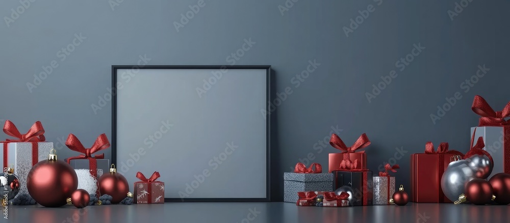 Aufkleber Christmas decoration display with a dark frame and red themed gifts on a light background creating a festive mockup space for text.