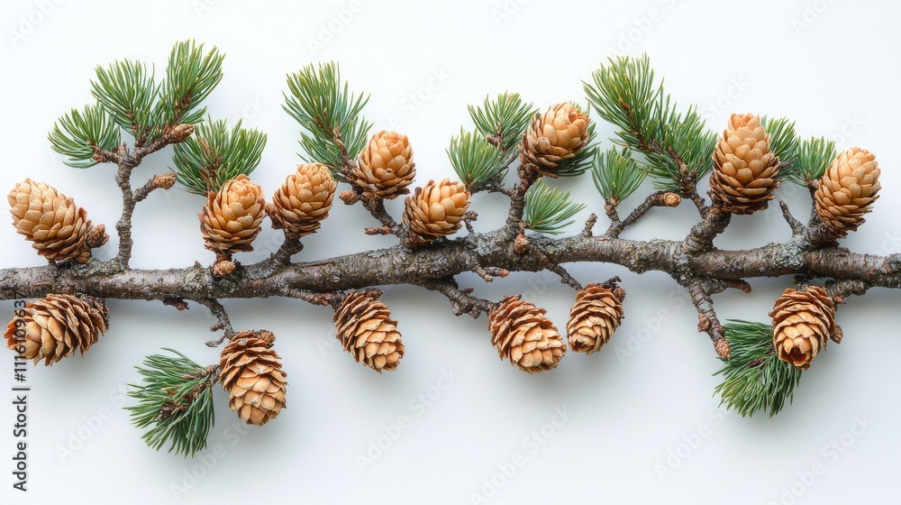 Poster Larch tree branch with green and dried cones on white background showcasing natural coniferous elements and textures.