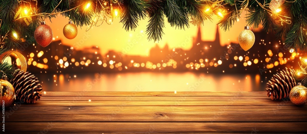 Poster festive christmas backdrop with wooden table and blurred bokeh lights creating a warm holiday atmosp