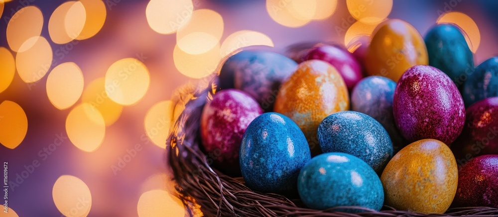 Poster colorful easter eggs in a basket with soft lighting and spring bokeh background