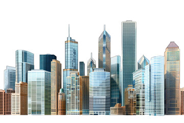 Fototapeta premium A modern city skyline featuring various skyscrapers and architectural styles. transparent background