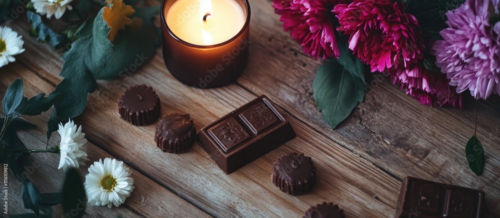 Poster chocolate candies accompanied by a lit candle and a colorful bouquet on a rustic wooden tabletop cre