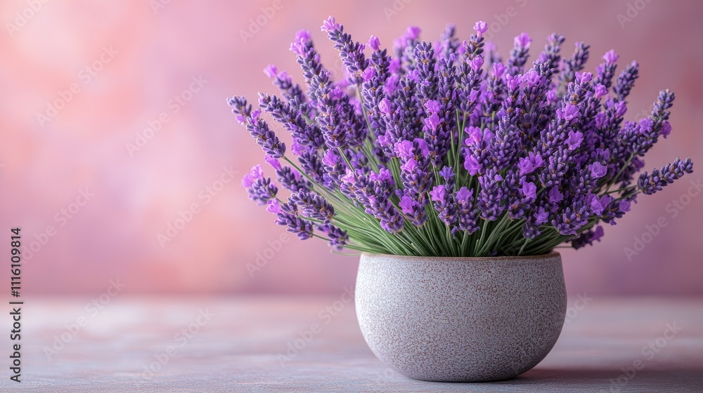 Poster Lavender blooms in a textured vase against a soft pastel background creating a serene and calming atmosphere for decor or wellness themes