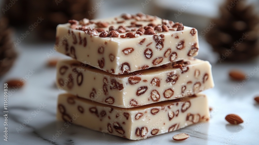 Poster almond nougat stacked elegantly on a marble surface with pine cones in the background creating a fes