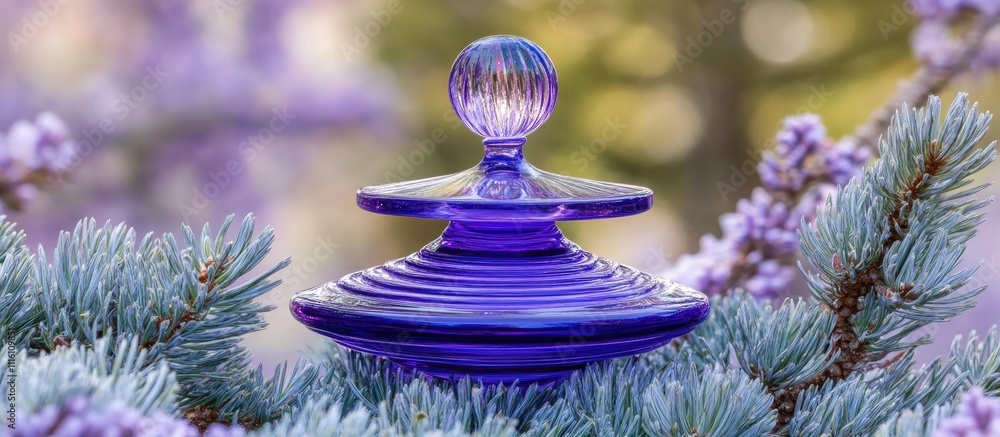 Poster Purple glass toy elegantly displayed on spruce branches with a lilac background creating a serene and enchanting atmosphere.