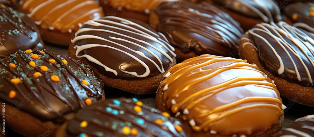 Poster decorative almond cookies topped with colorful caramel and chocolate drizzles arranged delightfully 