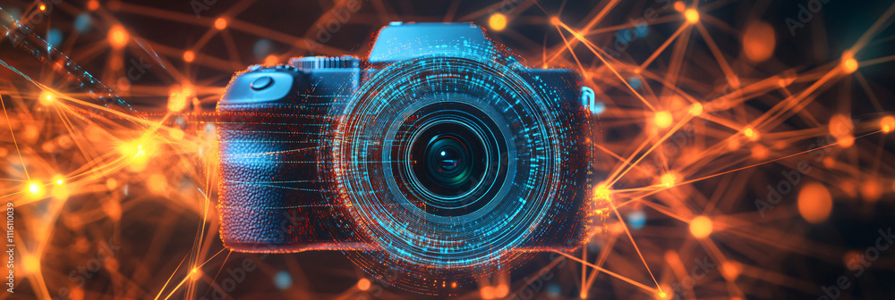 Aufkleber a digital camera icon surrounded by glowing data streams, representing the intersection of photograp