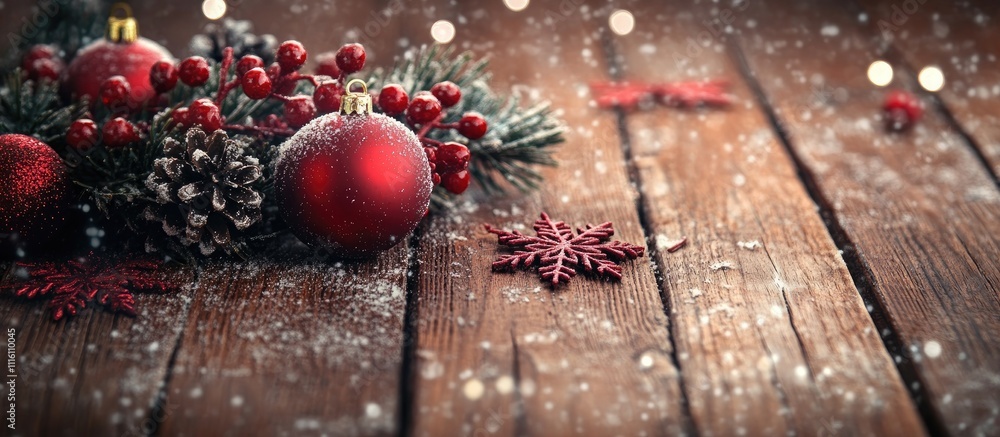 Poster festive christmas backdrop with ornaments and greenery on rustic wooden surface adorned with snowfla