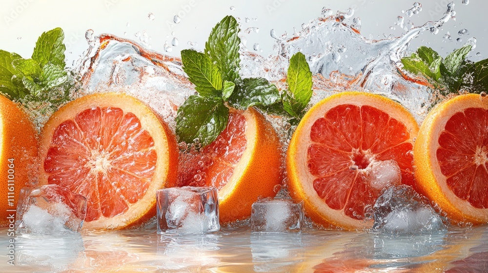 Poster refreshing grapefruit slices with mint leaves and ice cubes splashing in water on a clean white back