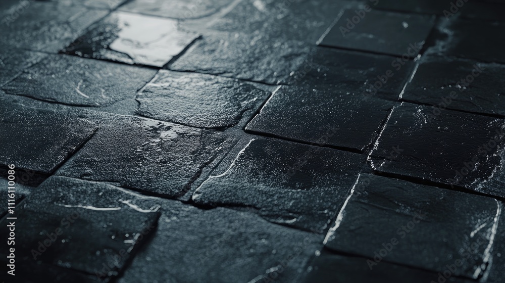 Poster water reflecting on a textured black floor tile surface showcasing intricate patterns and depth in a