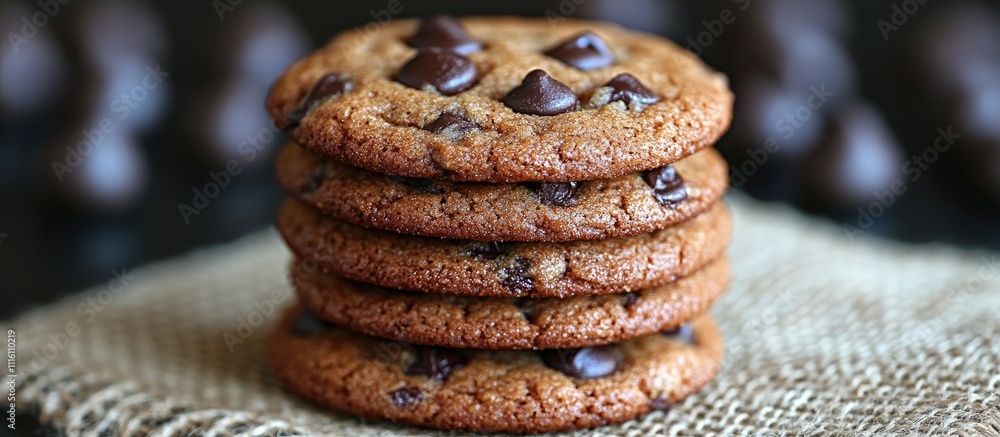 Aufkleber Stack of freshly baked chocolate chip cookies on a rustic burlap cloth with a blurred background of more cookies.