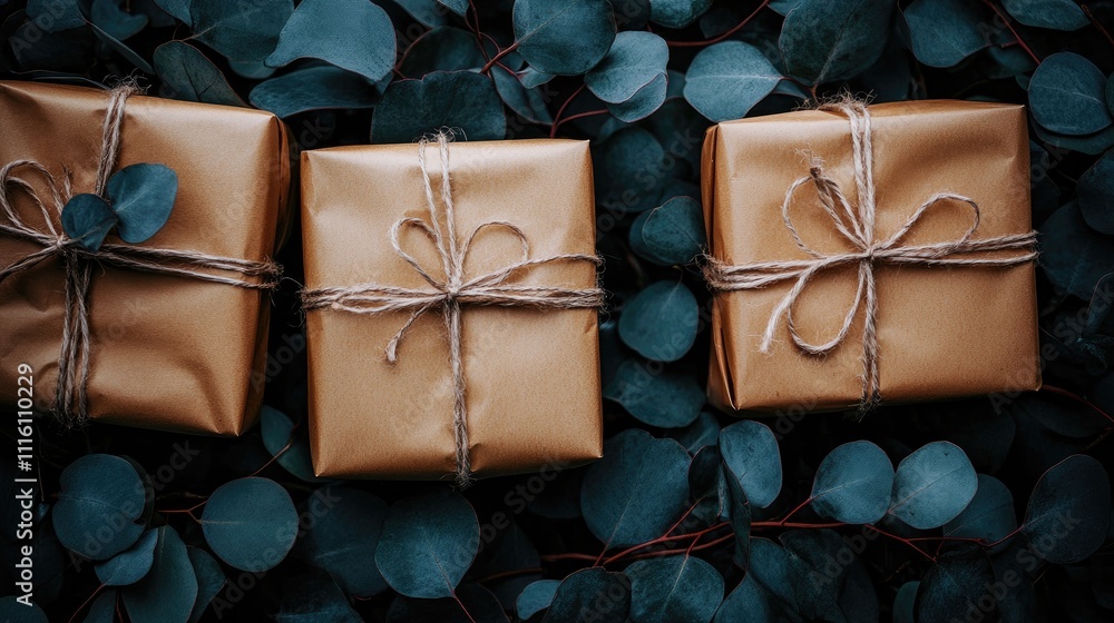 Poster eucalyptus leaves with wrapped gifts in craft paper creating a serene holiday vibe and ample empty s