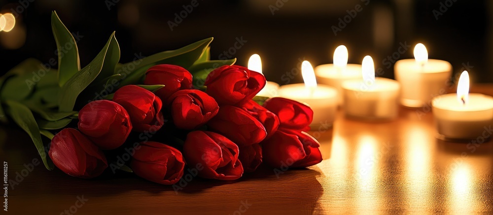 Poster red tulip bouquet with soft candlelight on wooden table creating a warm romantic ambiance for specia