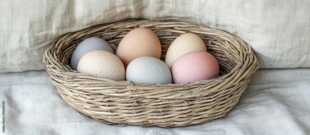 Poster assorted fresh chicken eggs in a rustic basket on linen textile country style composition with selec