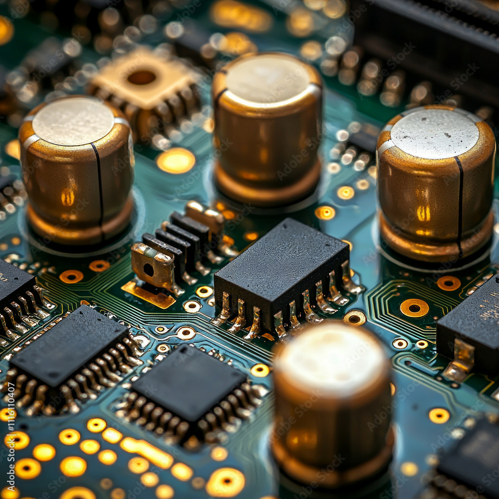 Poster close up shot reveals fine details printed circuit board showcasing sophisticated circuitry and mode