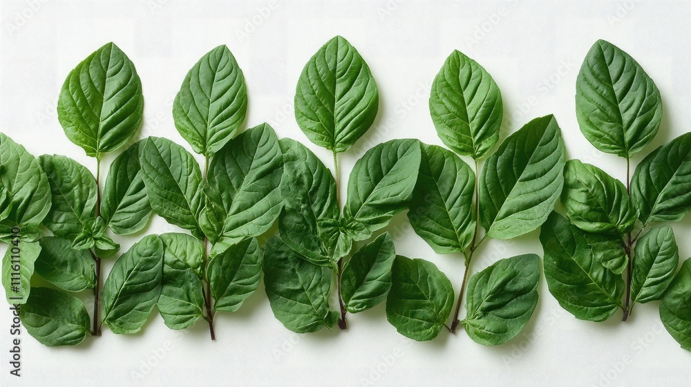 Poster fresh basil leaves arranged in a vibrant pattern on a neutral background for culinary and natural de