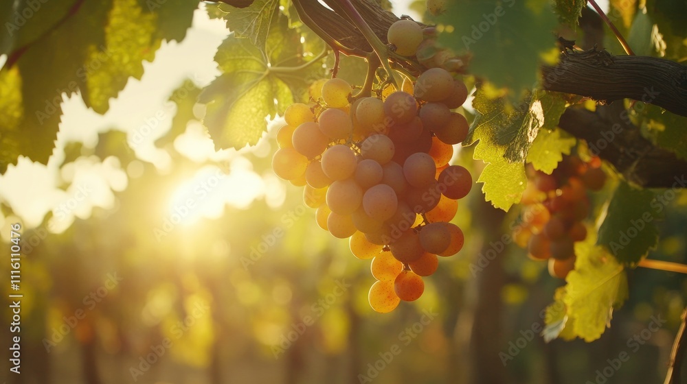 Poster sunlit grapes hanging from a vine in a vineyard showcasing a beautiful bokeh background during golde