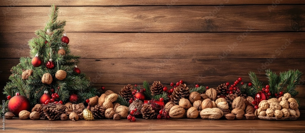 Poster christmas arrangement with fir tree branches pine cones and assorted nuts set against a rustic woode