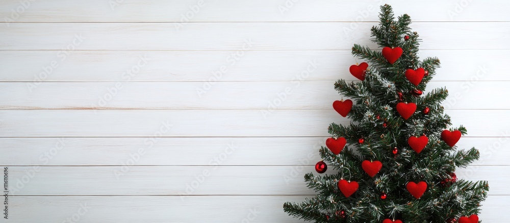 Poster christmas themed image of a beautifully decorated fir tree with red heart ornaments on a white woode