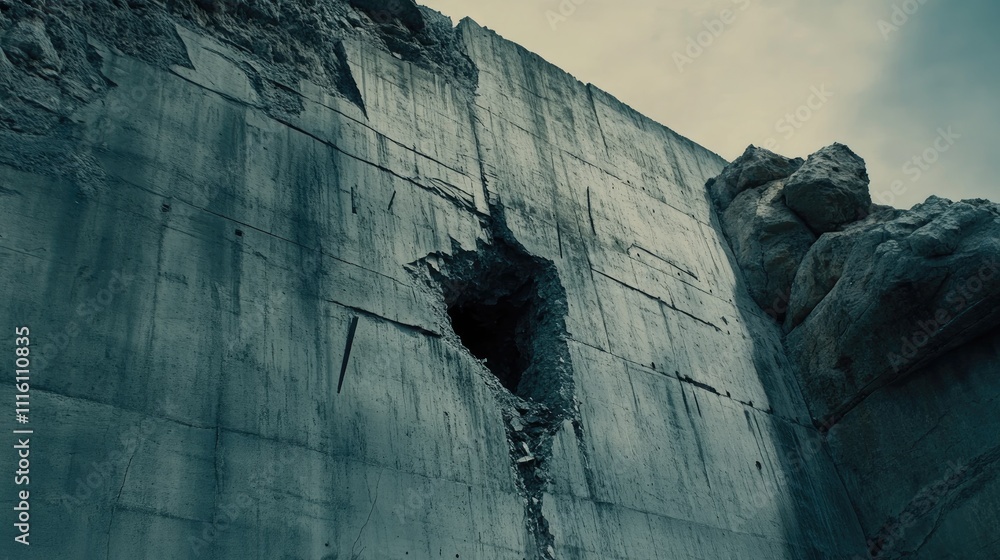 Poster cement wall with rough texture and natural rock formation in an engineering workshop setting