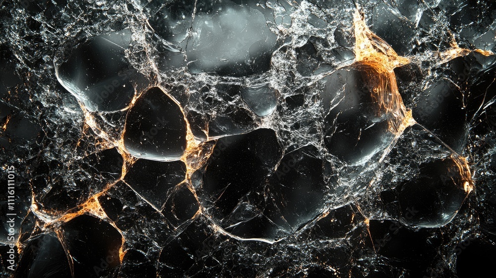 Aufkleber Cracked glass surface with intricate patterns created by impacts isolated on a black background ideal for artistic and design applications