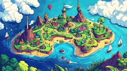 A vibrant, whimsical island landscape with towers, greenery, and boats on clear waters.