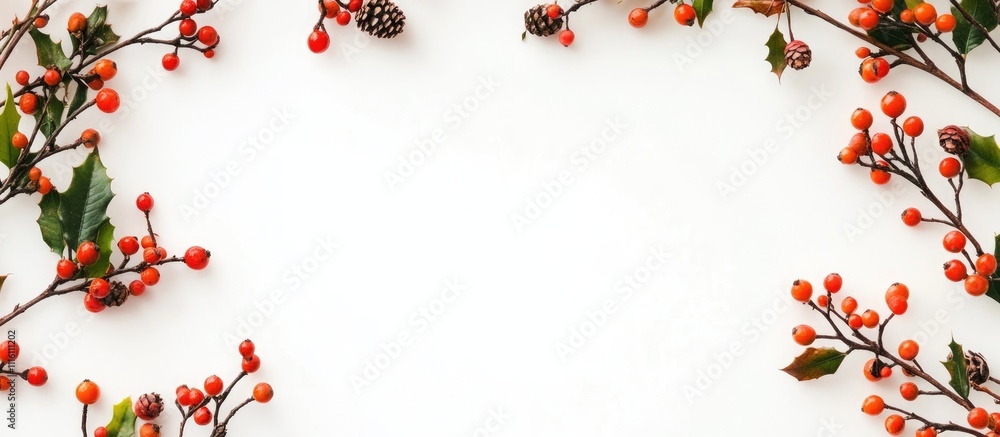 Poster Festive Christmas card design with empty text space surrounded by decorative branches and pine cones on a clean white background