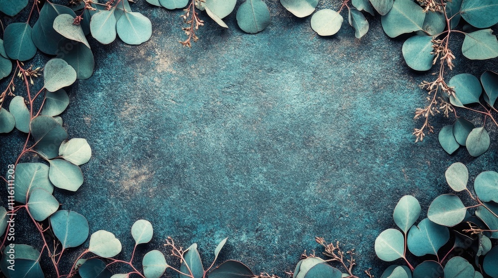 Aufkleber eucalyptus leaves arranged on a stone surface creating a natural frame with copy space for design or