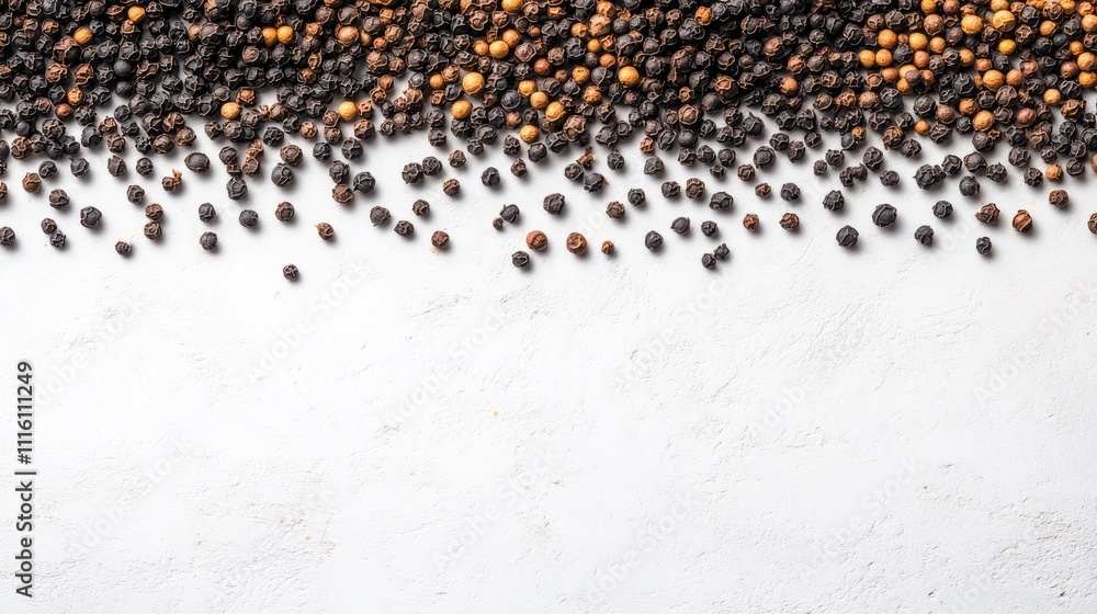 Poster Black peppercorns scattered on a light textured surface creating a visually appealing spice background for culinary designs