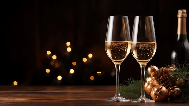 New years eve celebration template with two champagne goblet on the dark background with shines