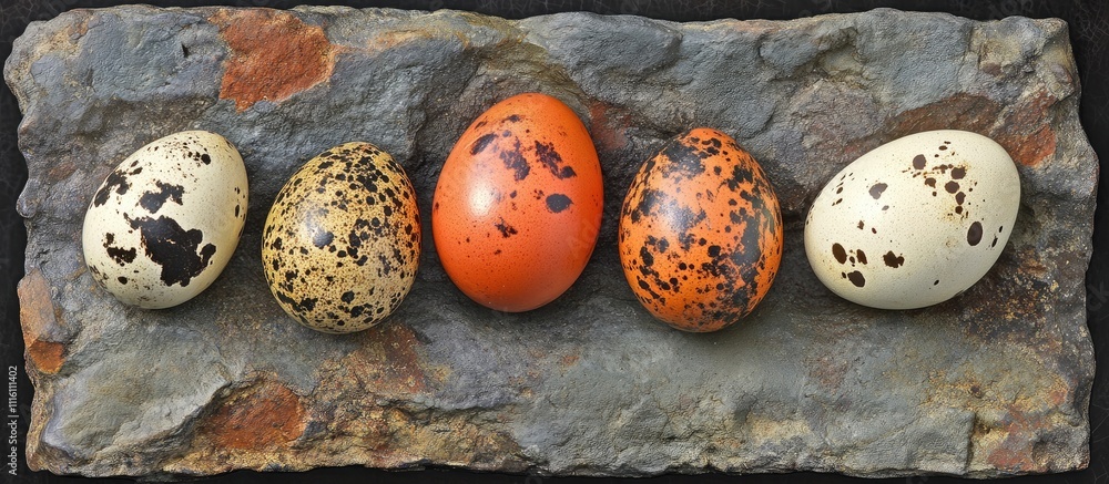 Poster colorful quail eggs arranged on a textured stone surface showcasing unique patterns and hues in a na